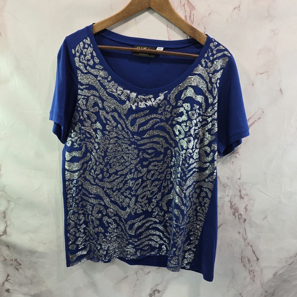 Bob Mackie Shirt Womens Medium Blue Sequin Leopard Cheetah Zebra Tee Artsy Art